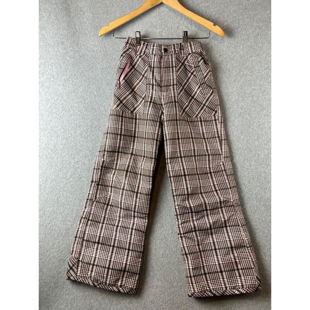 Ski Snow Pants Girls Size M Youth Brown Pink Plaid Insulated Waterproof Winter